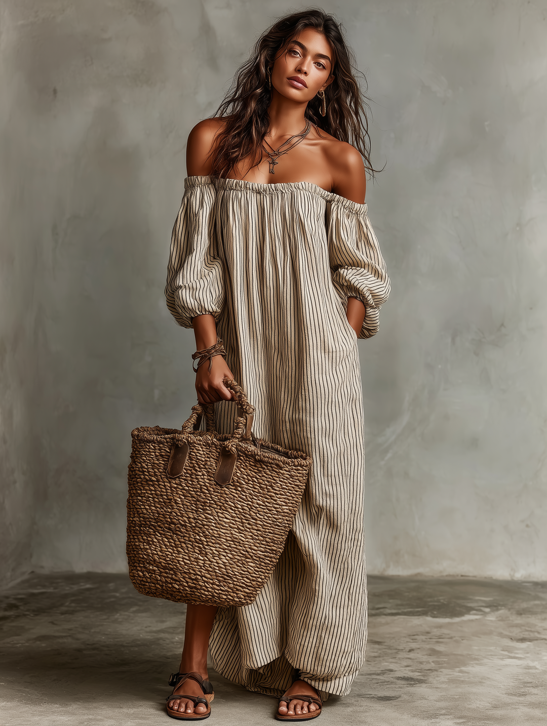 Women's striped off-shoulder puff sleeve linen maxi dress, back