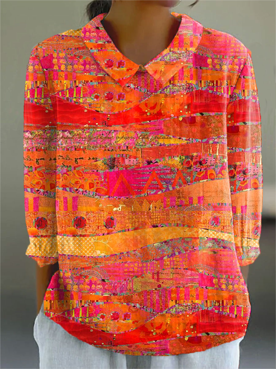 Vintage art print cotton linen shirt with three quarter sleeves