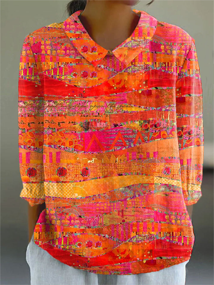 Vintage art print cotton linen shirt with three quarter sleeves