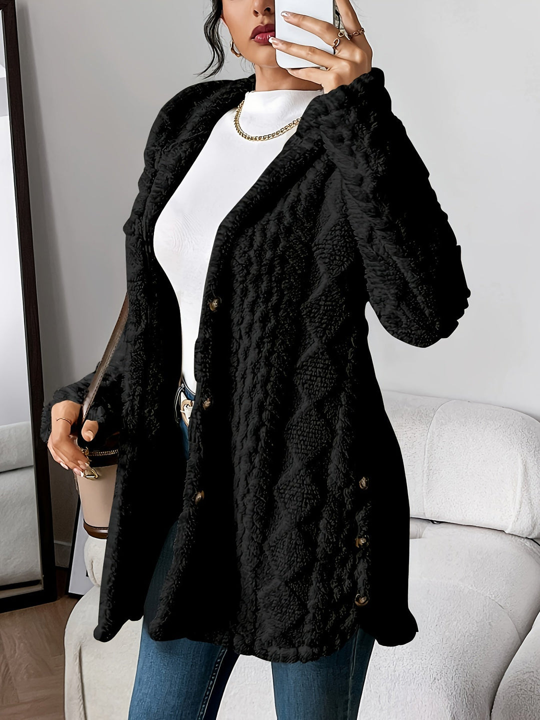 Black teddy fleece button-front jacket for women
