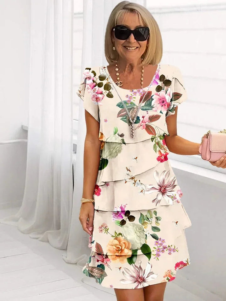 Ruffled Floral Pleated Dress - Beige