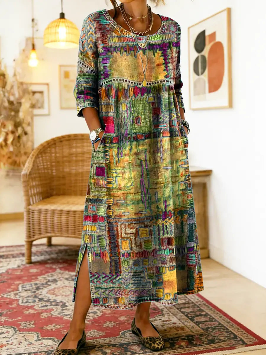 Ethnic patchwork print dress in yellow