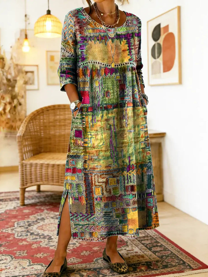 Ethnic patchwork print dress in yellow
