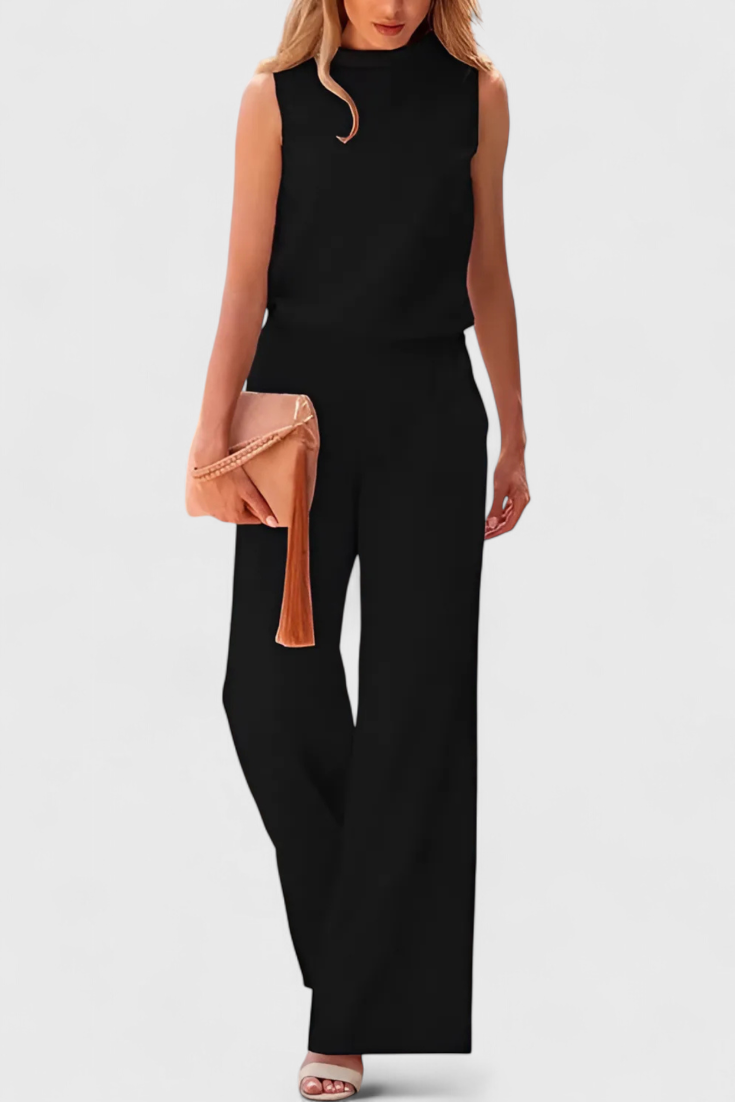 Women's round neck wide leg jumpsuit in black