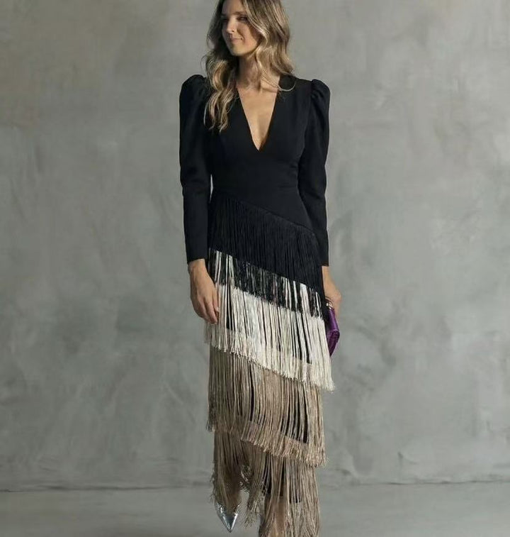Tiered fringe evening midi dress in black