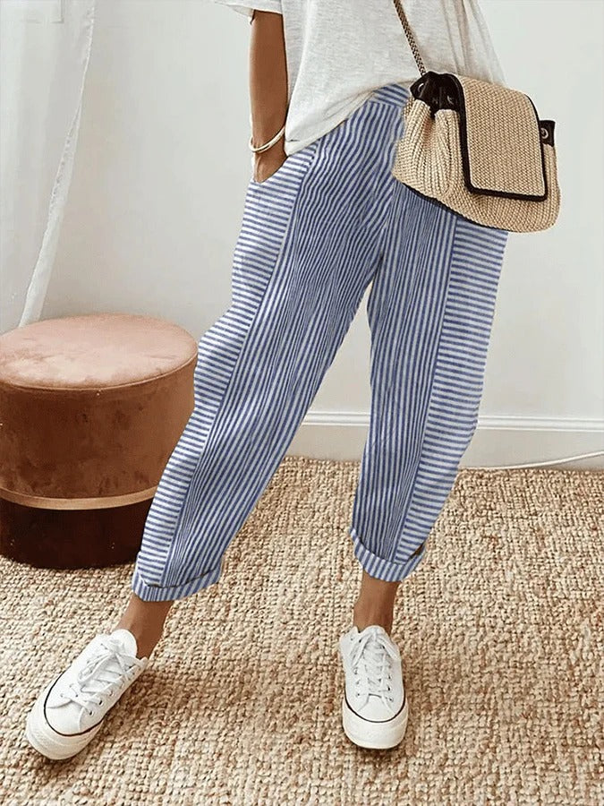 Women's striped straight leg pants in blue
