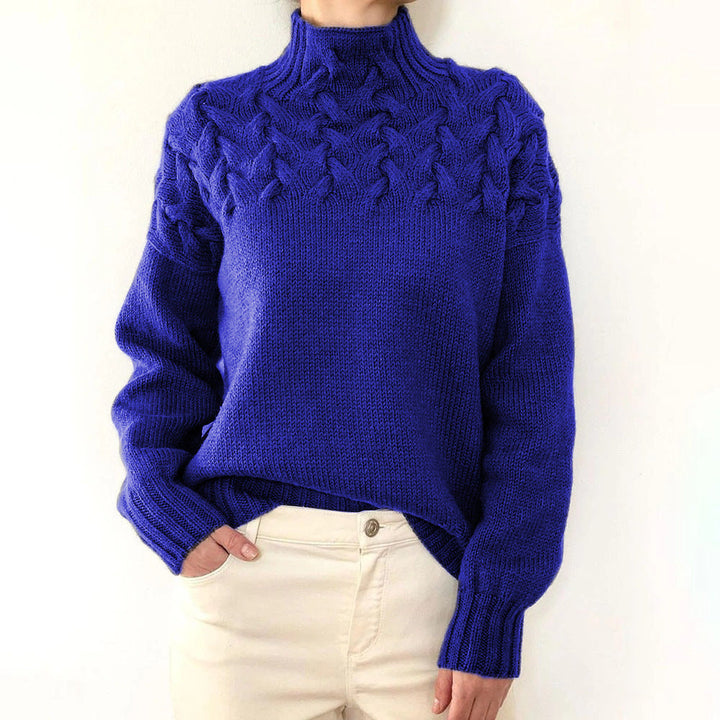 Women's blue fine knit turtleneck sweater