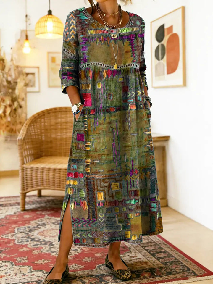 Ethnic patchwork print dress in military green