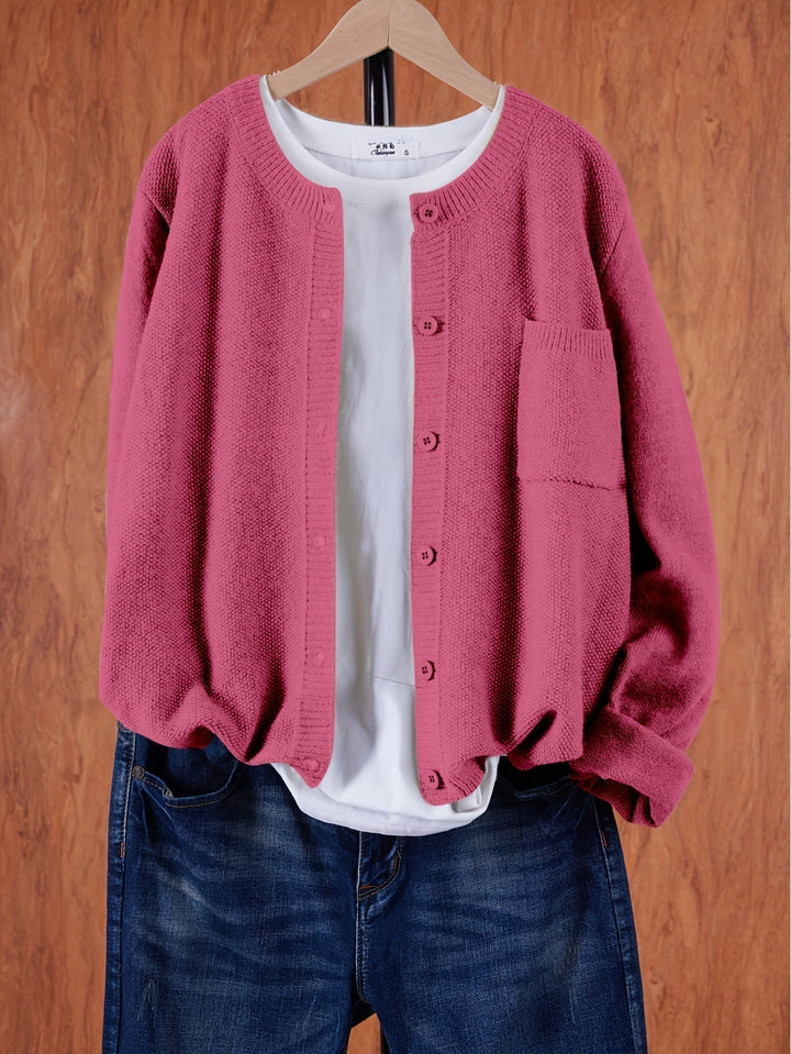 Women's Crew Neck Button Cardigan with Chest Pocket - Pink