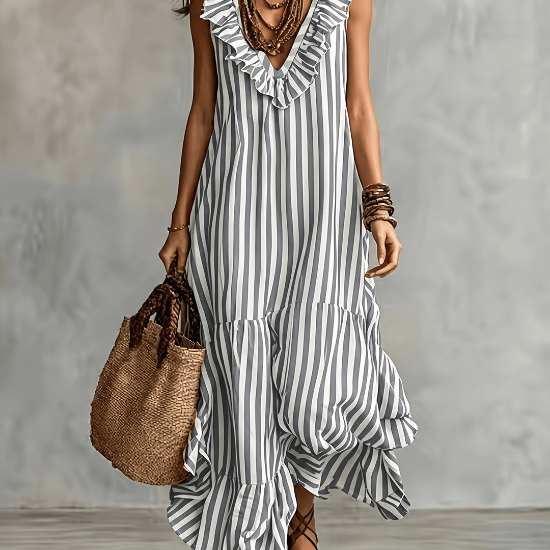 Striped Ruffled Boho Maxi Dress - Grey
