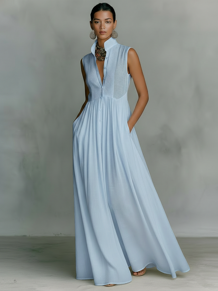 Women's pintuck bib stand collar sleeveless maxi dress in blue, back