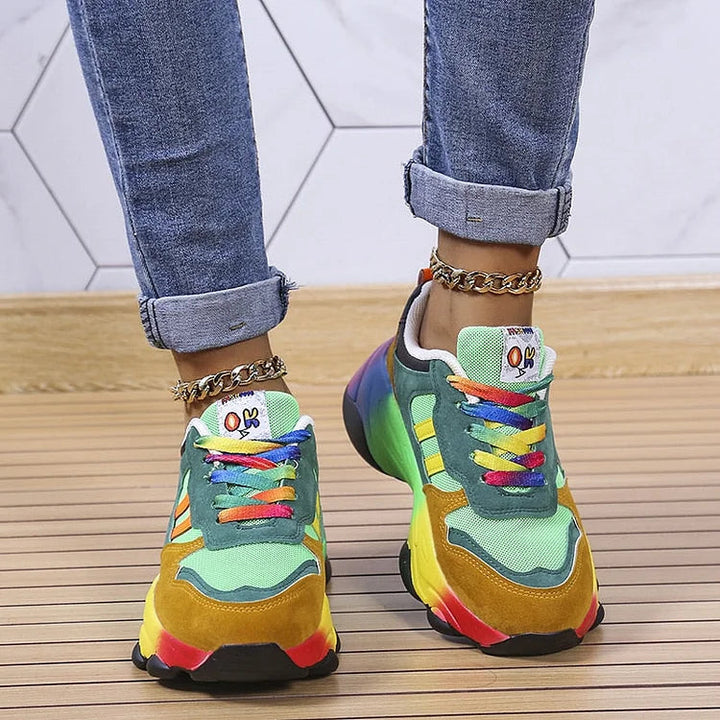 Green rainbow sole wide toe box walking sneakers women