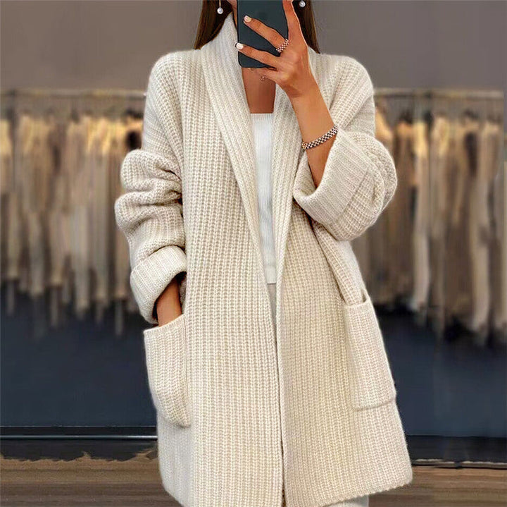 Women's Ribbed Knit Open Front Cardigan with Pockets - Beige
