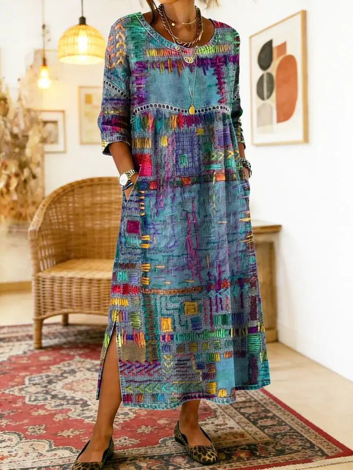 Ethnic patchwork print dress in blue