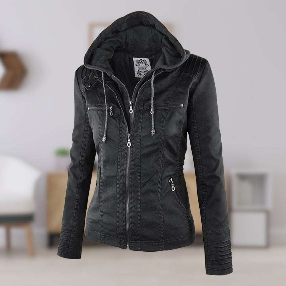 Women's thermal lined jacket with detachable hood in black