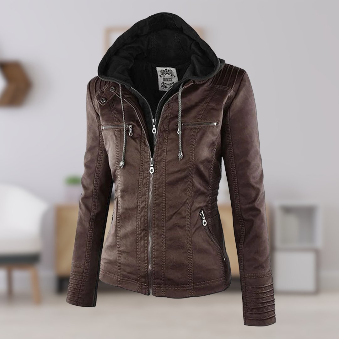Women's thermal lined jacket with detachable hood in brown