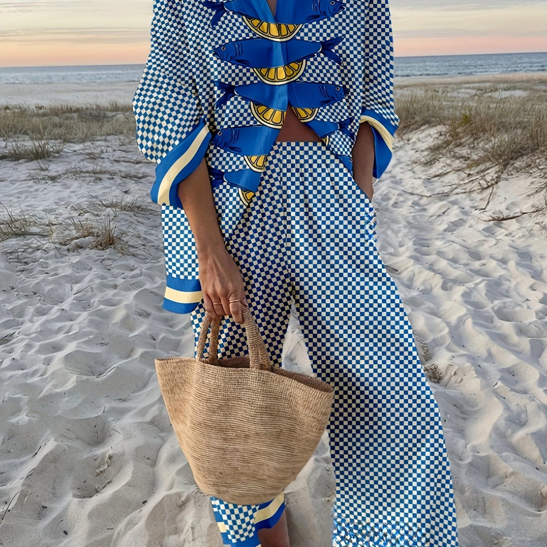 Checkered Print Wide-Leg Two-Piece Set