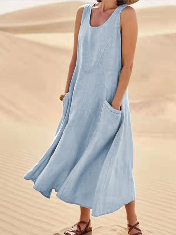 Casual Sleeveless Linnen Maxi Dress with Pockets