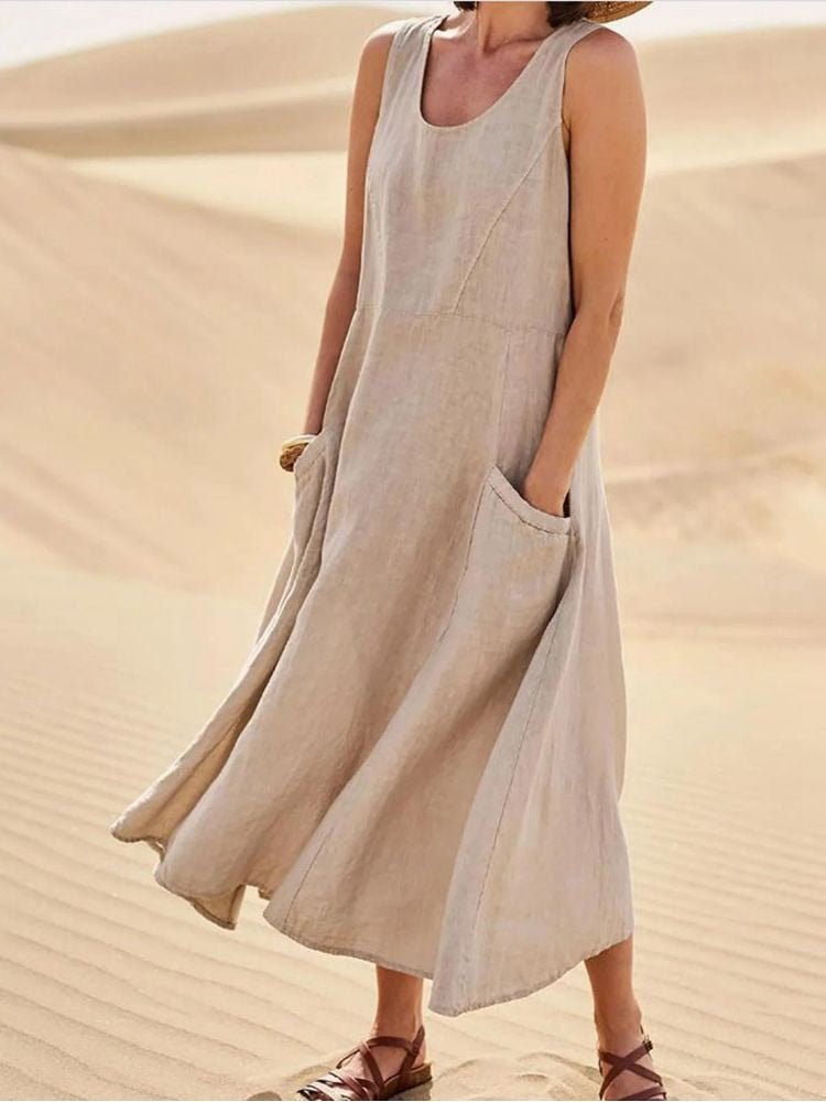 Casual Sleeveless Linnen Maxi Dress with Pockets