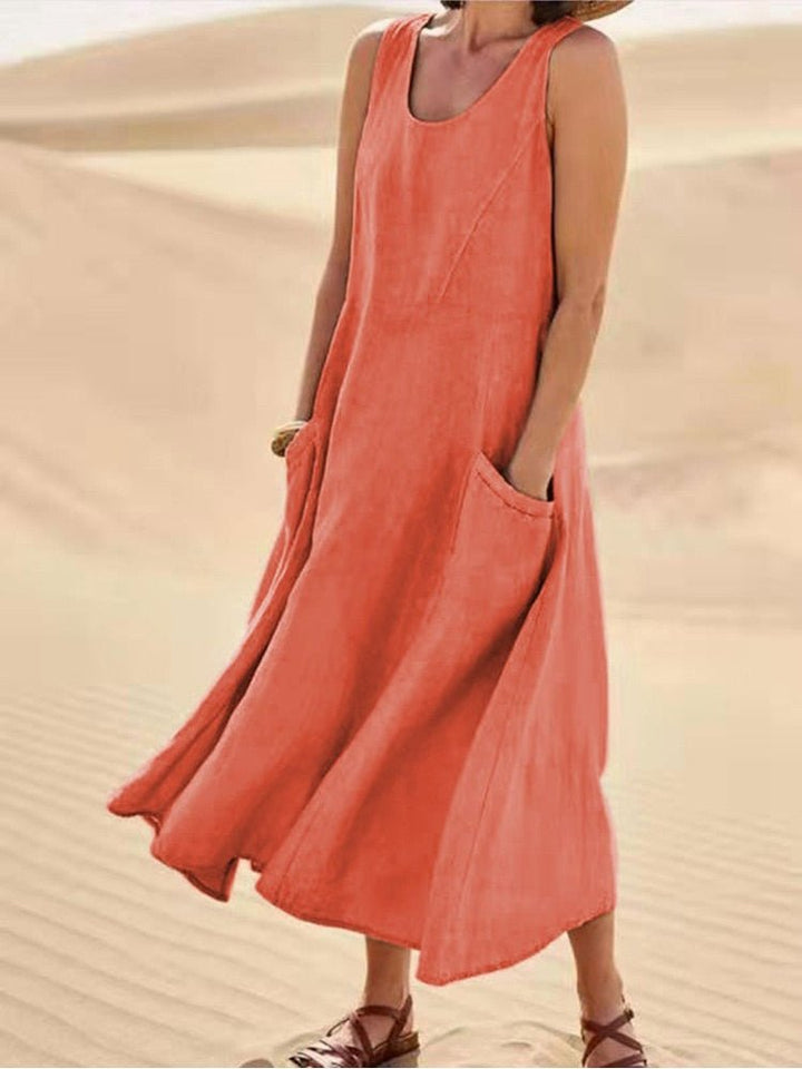 Casual Sleeveless Linnen Maxi Dress with Pockets