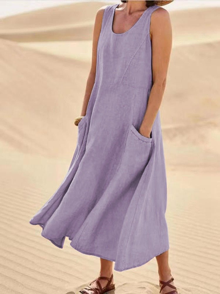 Casual Sleeveless Linnen Maxi Dress with Pockets