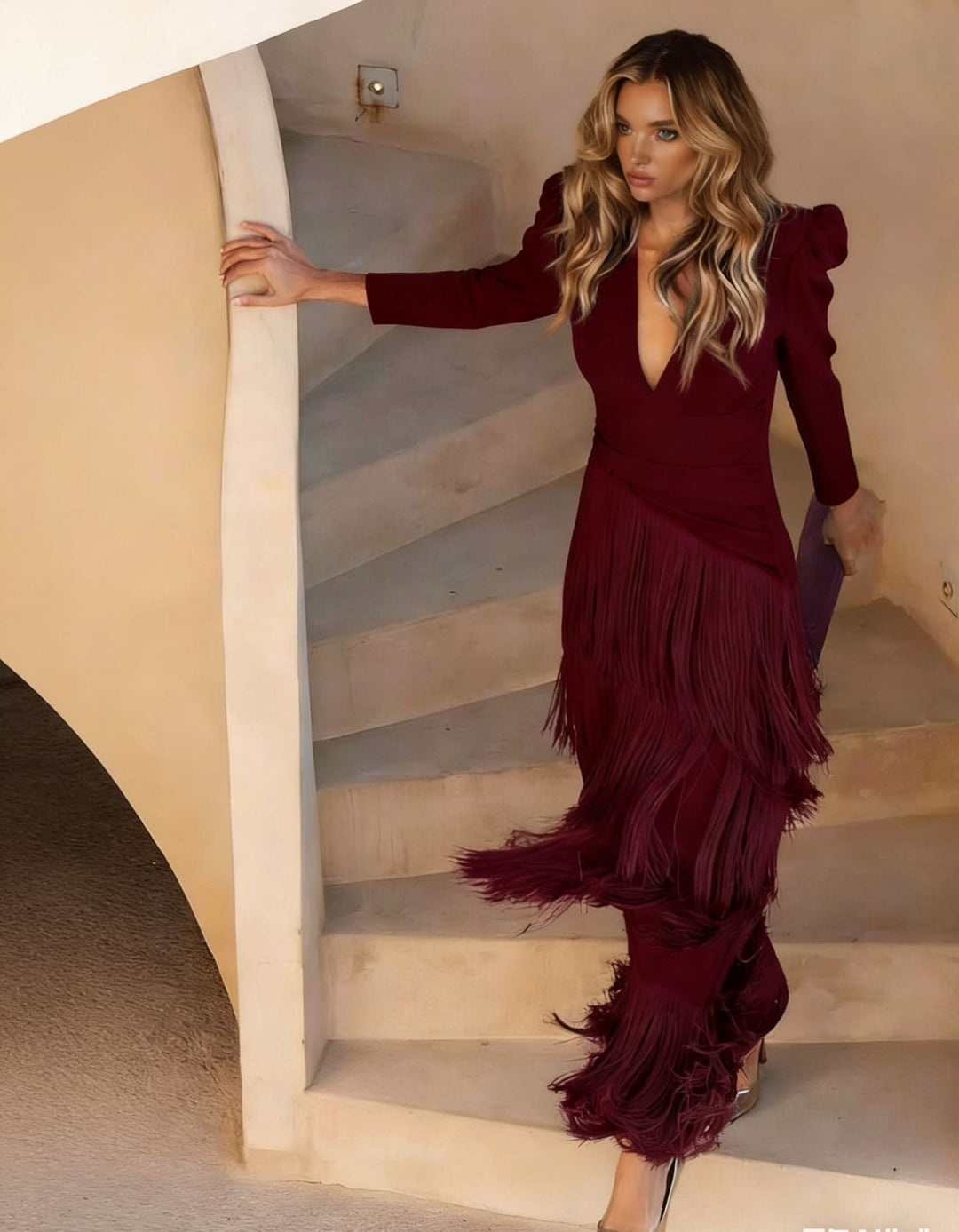 Tiered fringe evening midi dress in crimson
