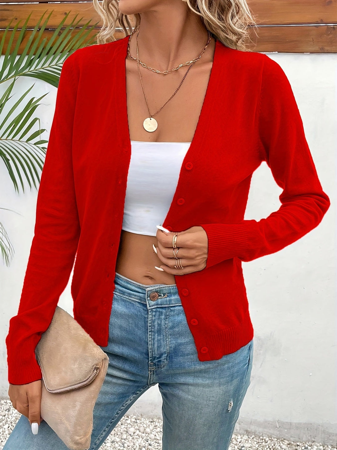 Women's fine knit V-neck button cardigan in red
