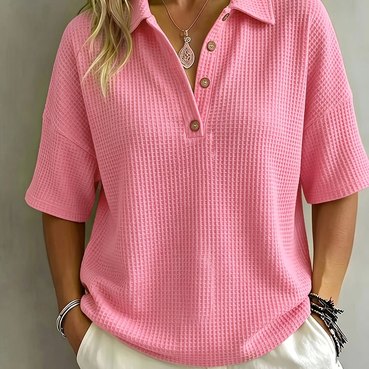 Oversized Waffle-Knit Polo Top - Pink