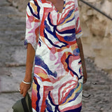 Women's Abstract Print Notch Neck 3/4 Sleeve Linen Midi Dress