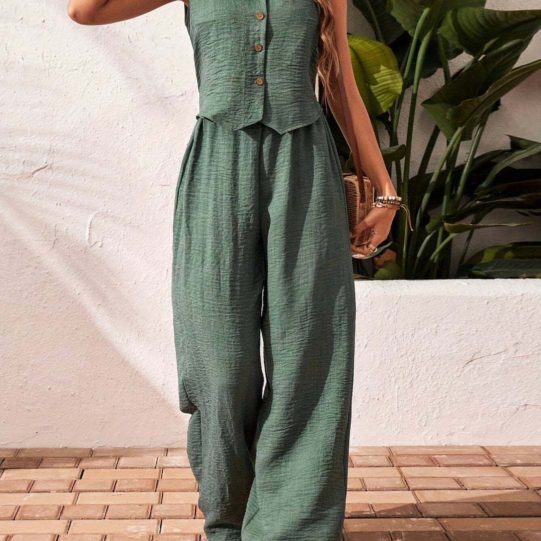 Sleeveless Linen Wide-Leg Two-Piece Set in Dark Green
