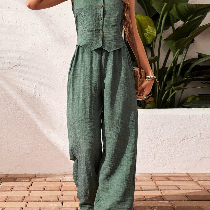 Sleeveless Linen Wide-Leg Two-Piece Set in Dark Green