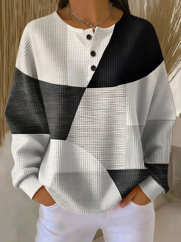 Women's colorblock waffle knit henley sweater in natural