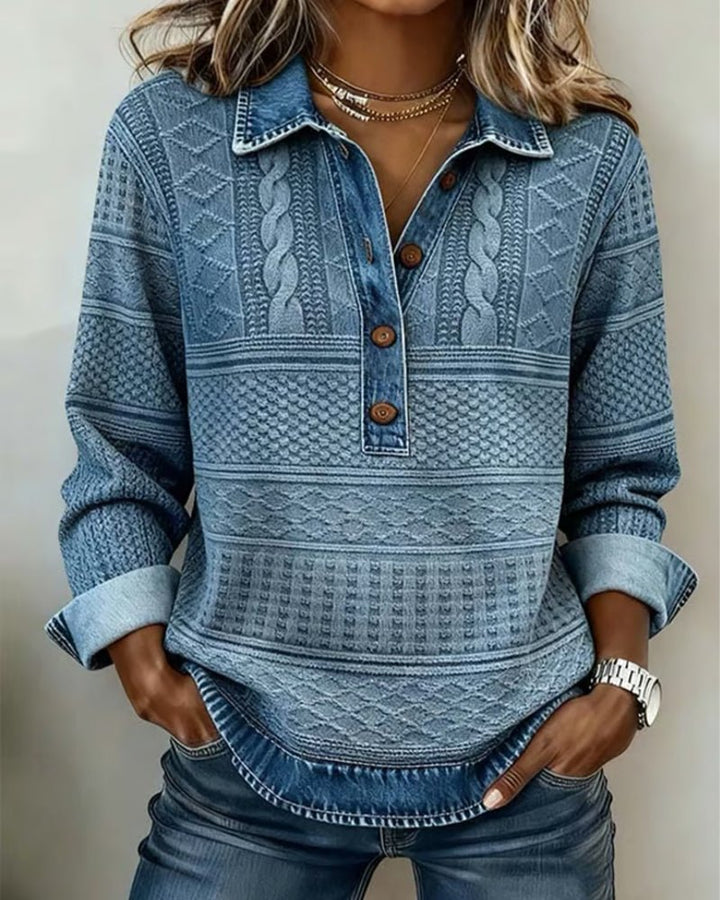 Women's cable knit half-button fall sweater with denim collar in blue