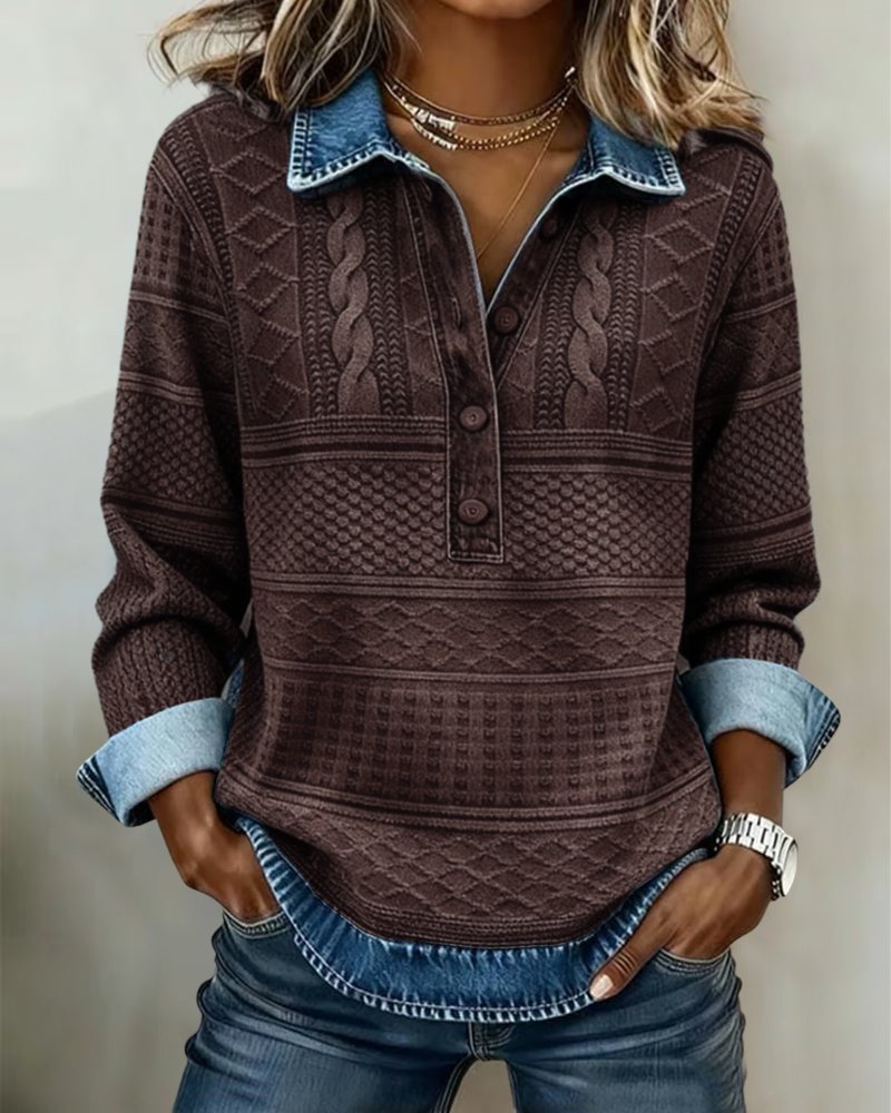 Women's cable knit half-button fall sweater with denim collar in coffee