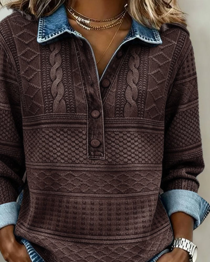 Cable knit detail on the half-button fall sweater