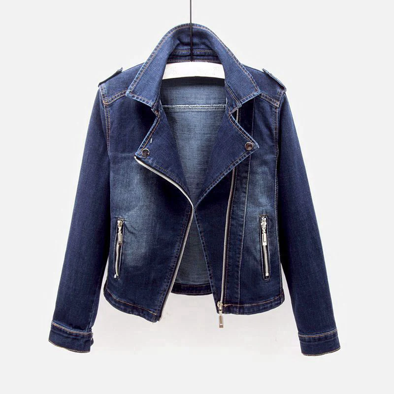 Fitted Zip-Front Denim Moto Jacket Dark Blue