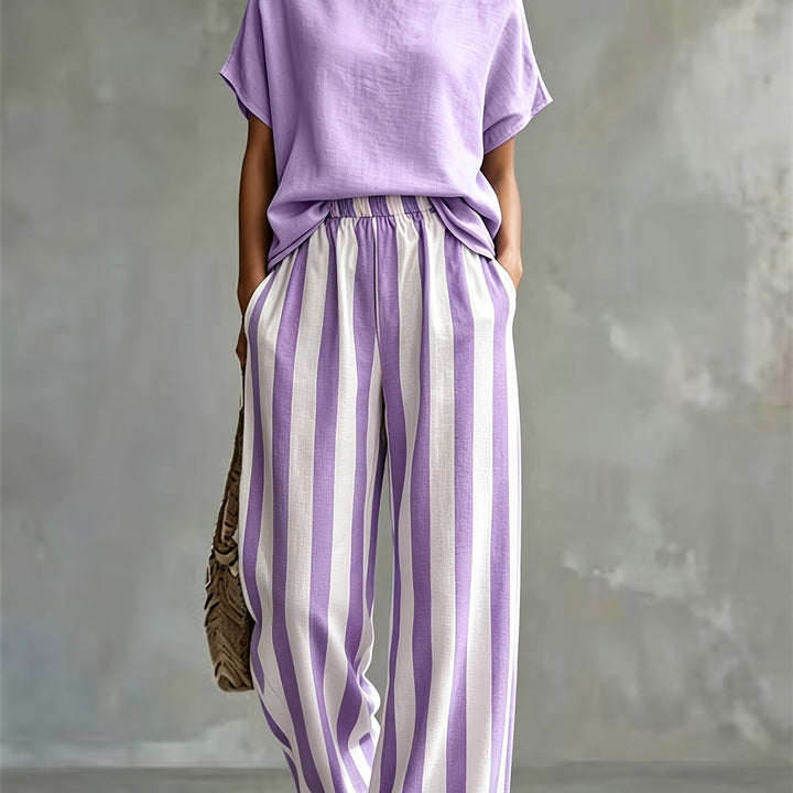 Striped Wide-Leg Two-Piece Set in Violet