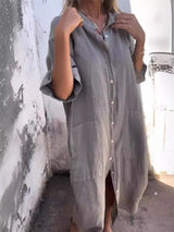 Button-Down Rolled Sleeve Midi Shirt Dress