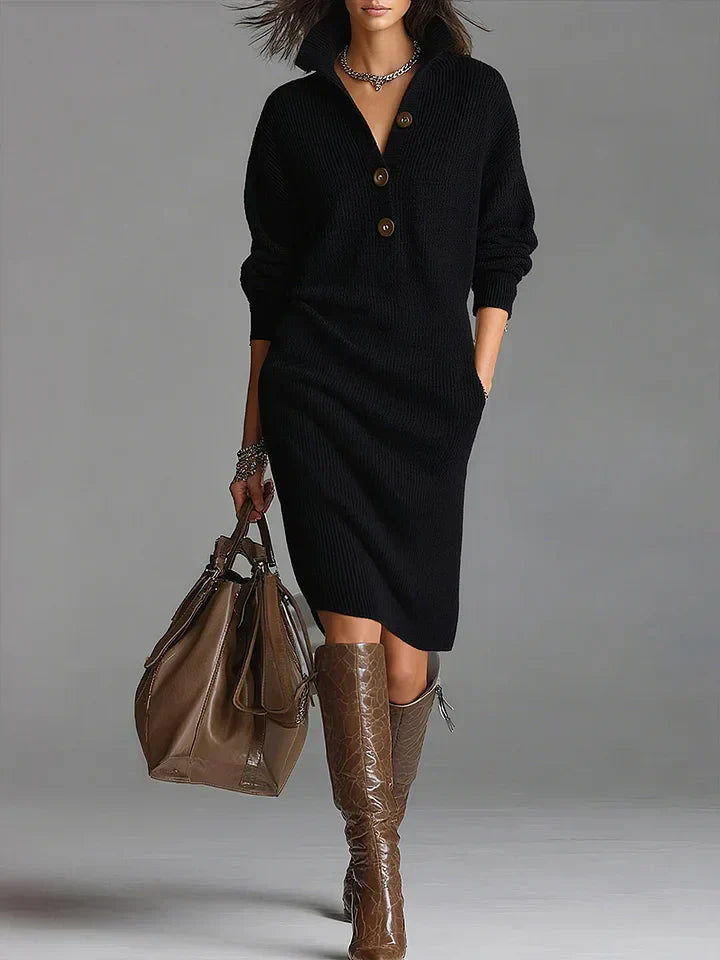 Ribbed knit button front midi dress in black