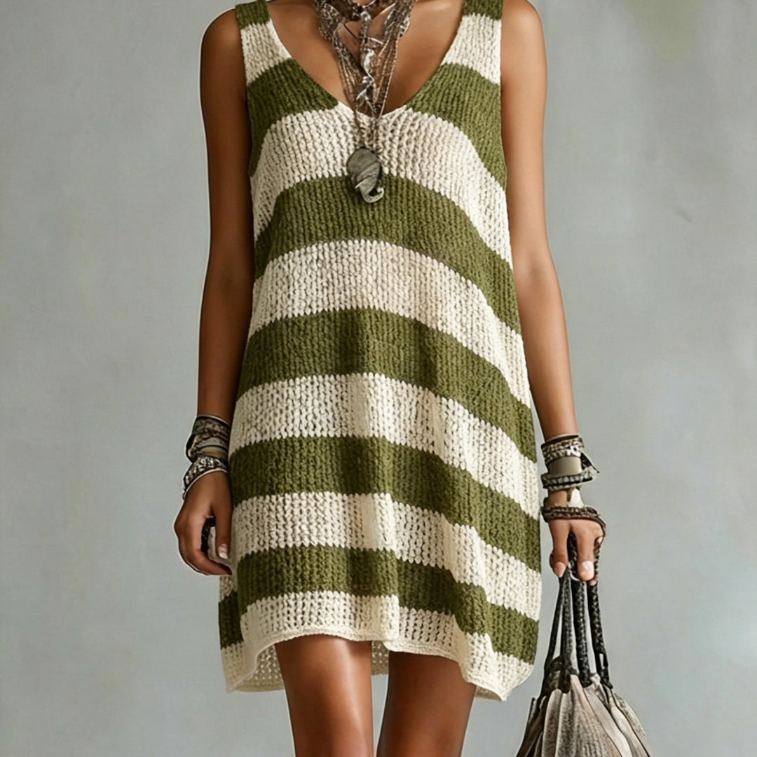 Striped V-Neck Knit Mini Dress in Olive