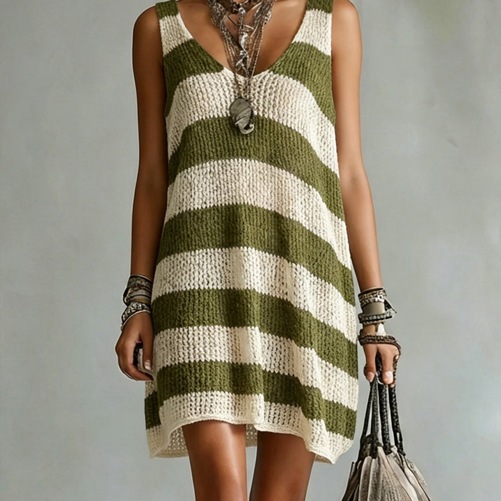 Striped V-Neck Knit Mini Dress in Olive