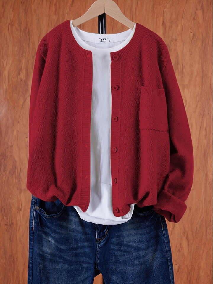 Women's Crew Neck Button Cardigan with Chest Pocket - Red