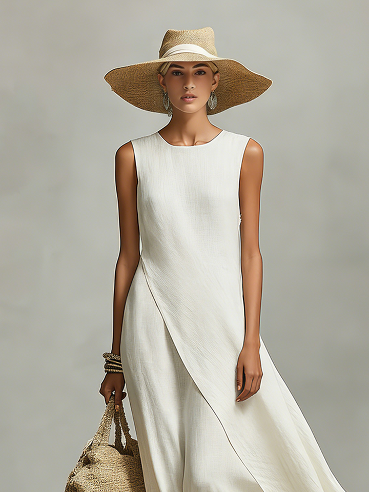 Women's asymmetric hem sleeveless linen maxi dress in ivory, side
