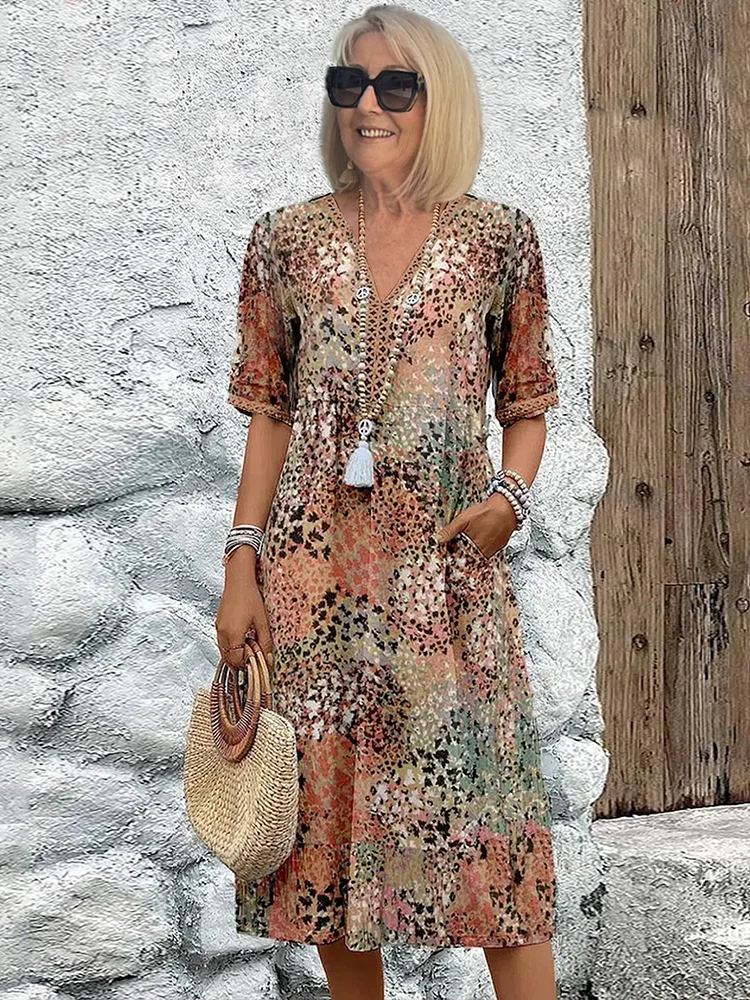 Colorful Print Midi Dress - Sandy Beige