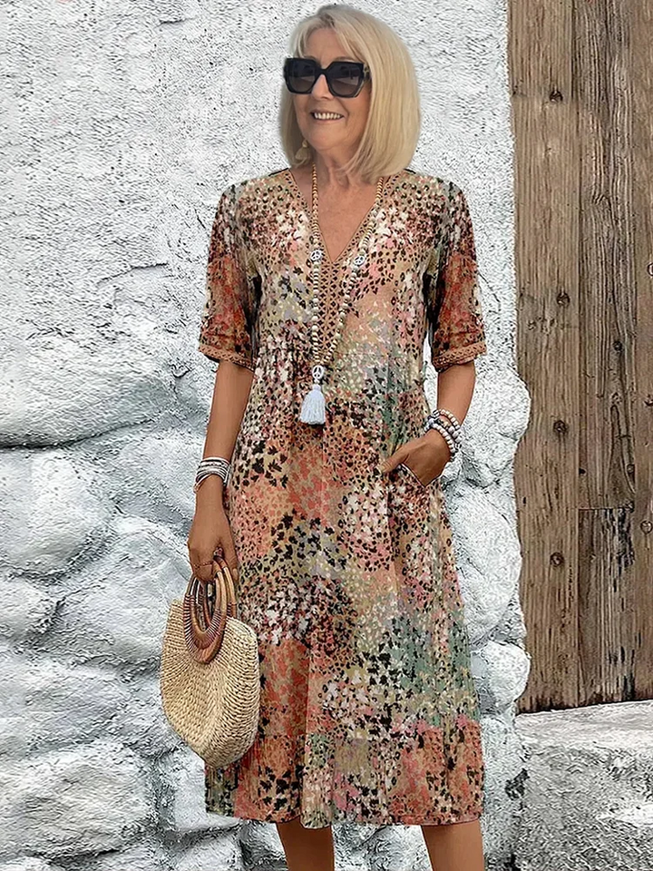 Colorful Print Midi Dress - Sandy Beige
