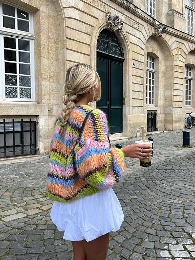 Women's Patchwork Knit Lantern Sleeve Sweater - Orange