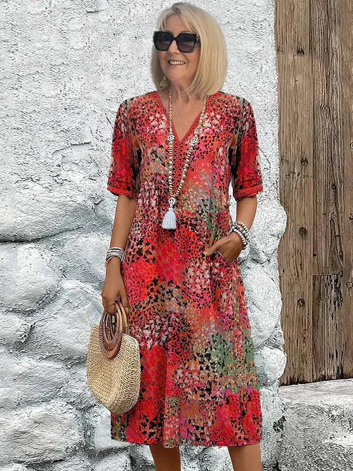 Colorful Print Midi Dress - Scarlet Red