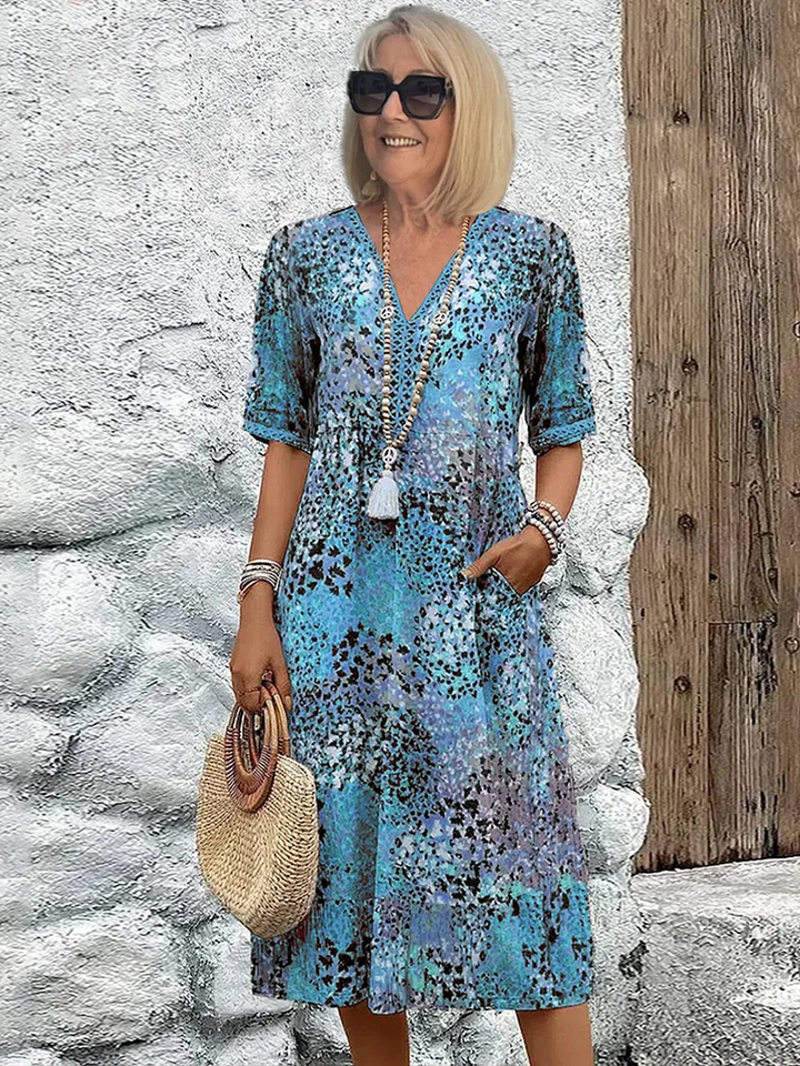 Colorful Print Midi Dress - Ocean Blue