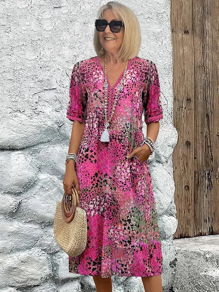 Colorful Print Midi Dress - Blush Pink