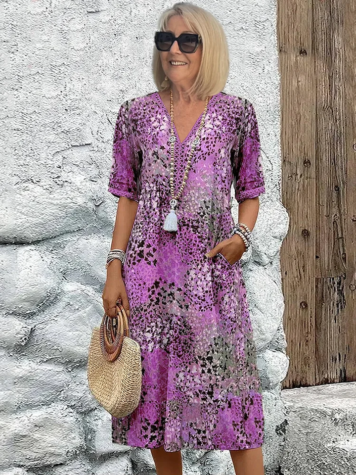 Colorful Print Midi Dress - Lavender Purple